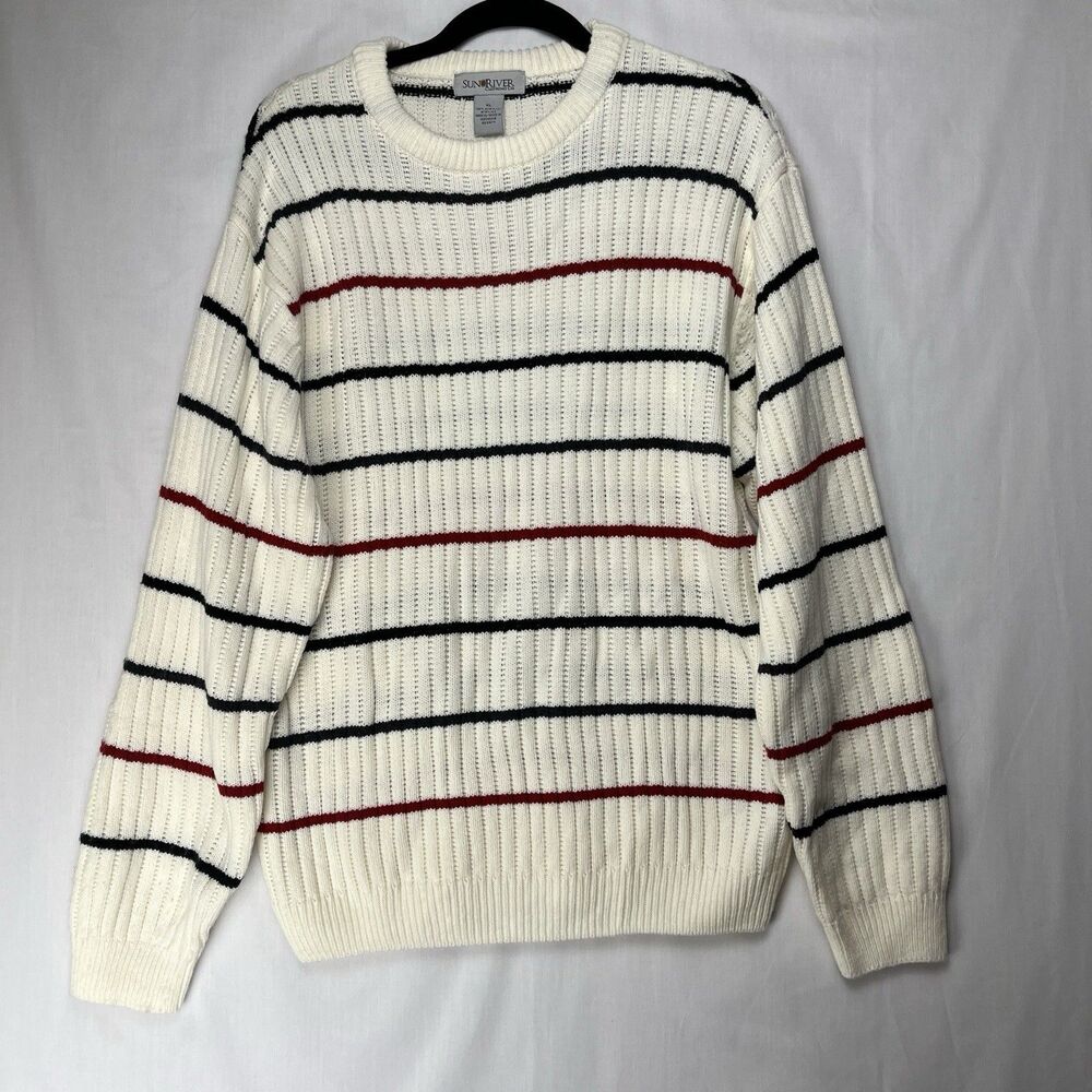 Sun River Clothing Co Pull Over Knit Sweater Women’s XL Red Black Ivory Stripes
